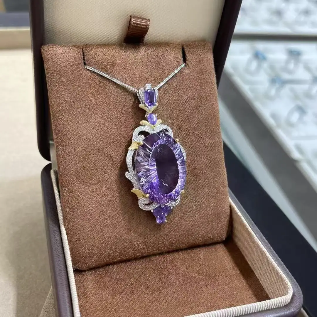 Two-Tone Amethyst Pendant 18x25mm Large, S925 Silver Niche Design Big Gemstone （no Chain)