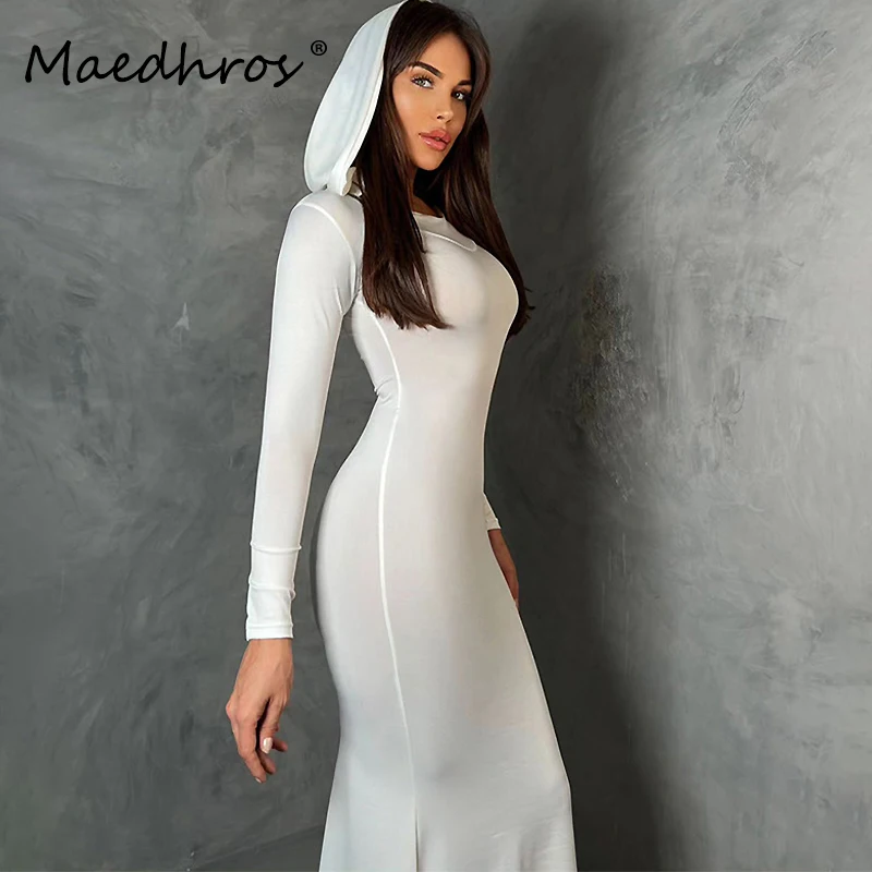 

Long Sleeve Solid Hooded Winter Elegant Women Sexy Bodycon Maxi Prom Dress Y2K Clothes Birthday Party Holiday Christmas Dress