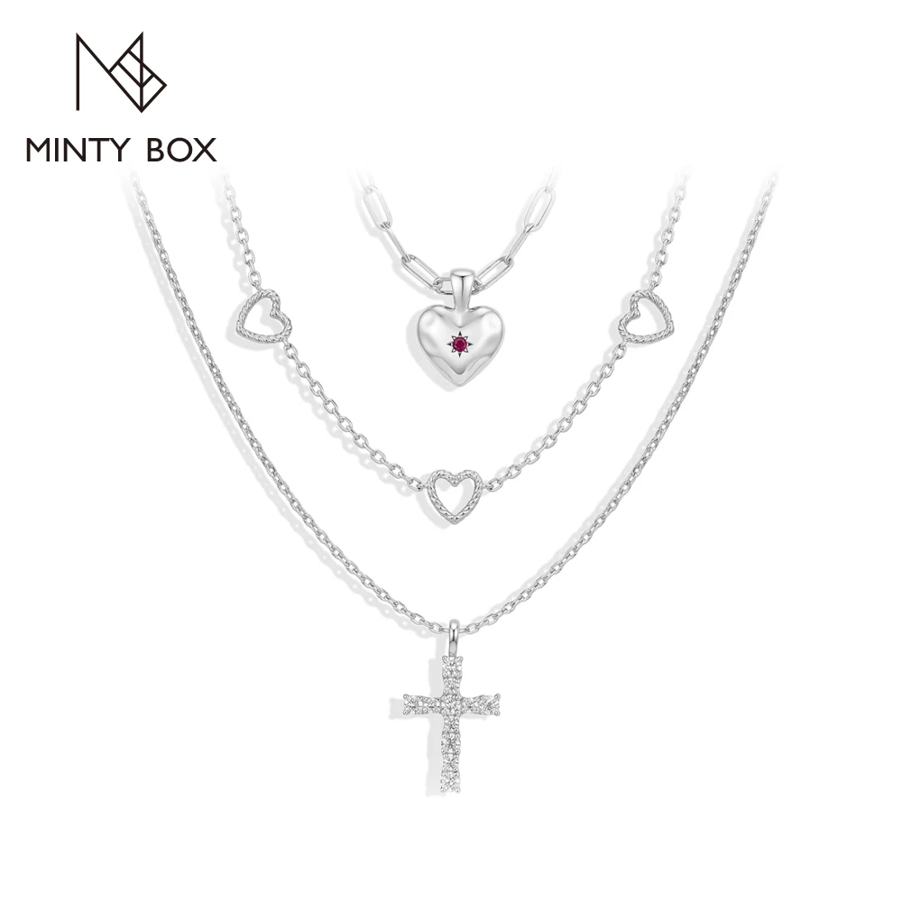 MINTYBOX Heart & Cross Shape Moissanite Necklaces Copper 3‑Layer Stacked Necklace Adjustable 40+5cm Charm Birthday Gifts Jewelry