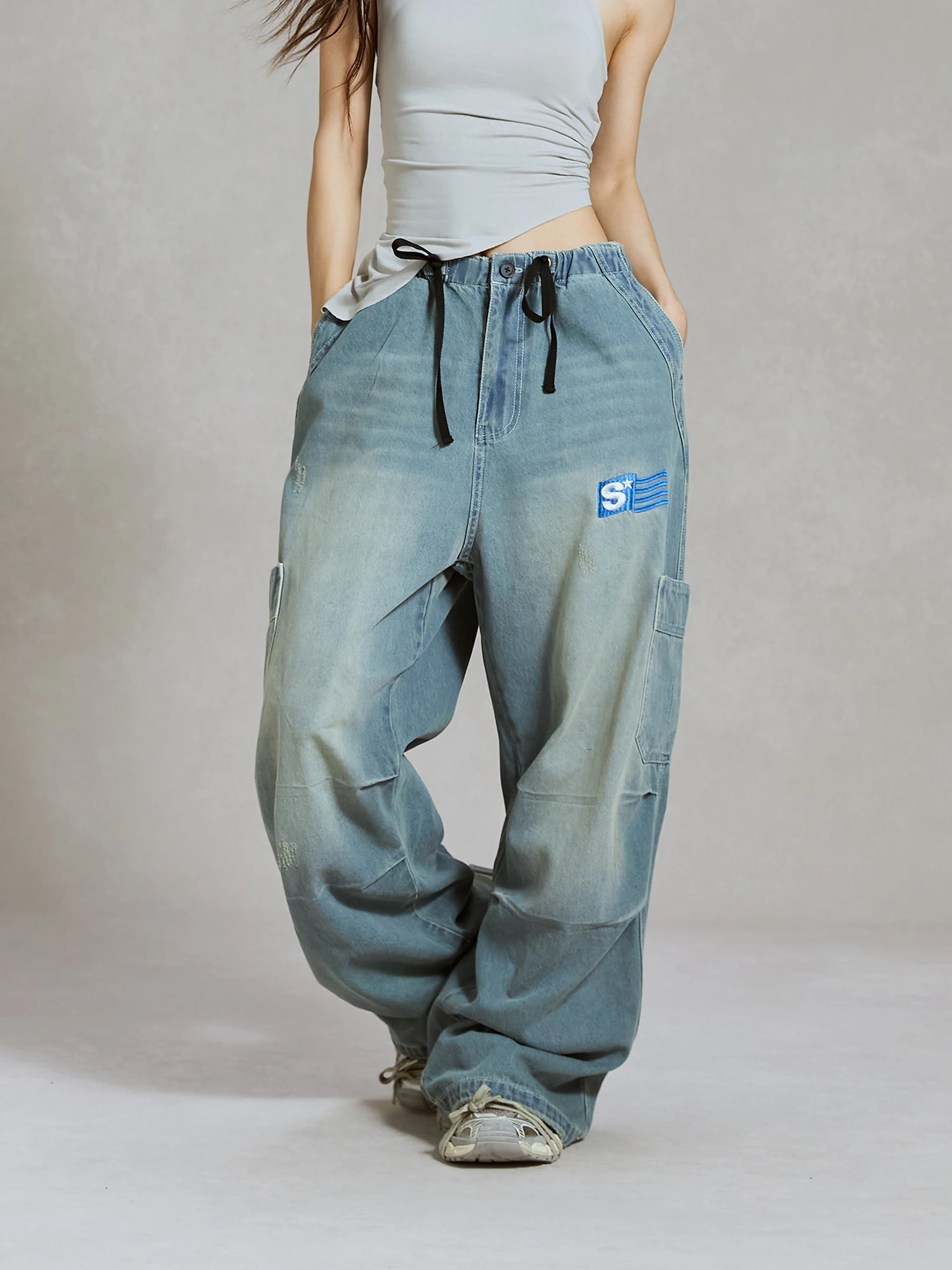 

Джинсы Sea Side Star American Sle с высокой талией и широкими штанинами, брюки для джазовых танцев, модные брендовые брюки-парашюты для уличных танцев