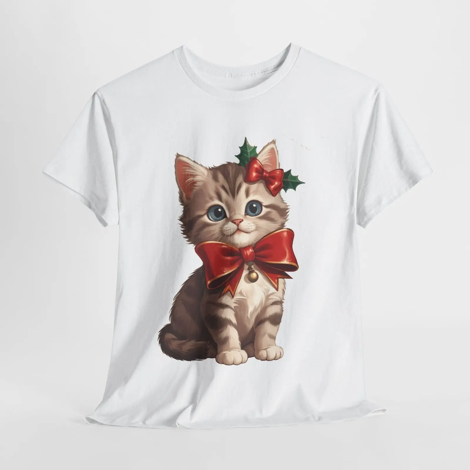 

Cute Vintage Christmas Kitten Bow Bells Xmas Womens Graphic T Shirts Tee