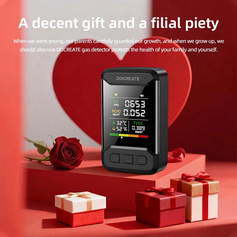 Docreate 849A كاشف ثاني أكسيد الكربون أول أكسيد الكربون، ومركبات العضوية المتطايرة ومستشعر HCHO، ومراقبة درجة الحرارة والرطوبة، وميزة التنبيه - قابس الاتحاد الأوروبي/الولايات المتحدة