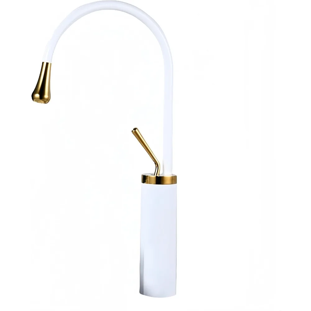 

Unique Modern Luxury Tall Brass Bathroom Vessel Sink Faucet, 1-Hole Single Handle, Glazed Old White & Golden for Kitchen/Wet Bar