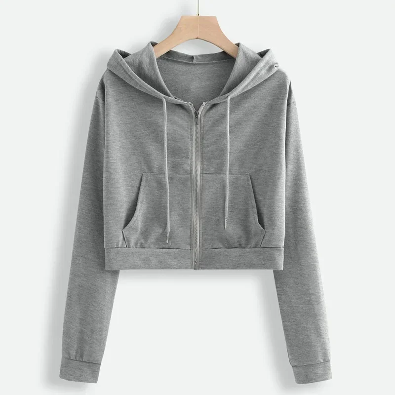 Long Sleeve Pocket Jacket Hoody Cotton Coats Sexy Zip-up Drawstring Sweatshirt Crop Top Hoodie Woman