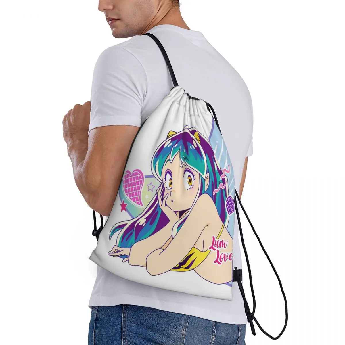 Flying Lamu Anime Urusei Yatsura Backpacks Portable Drawstring Bundle Pocket Storage Bag Book Bags for Man Woman School