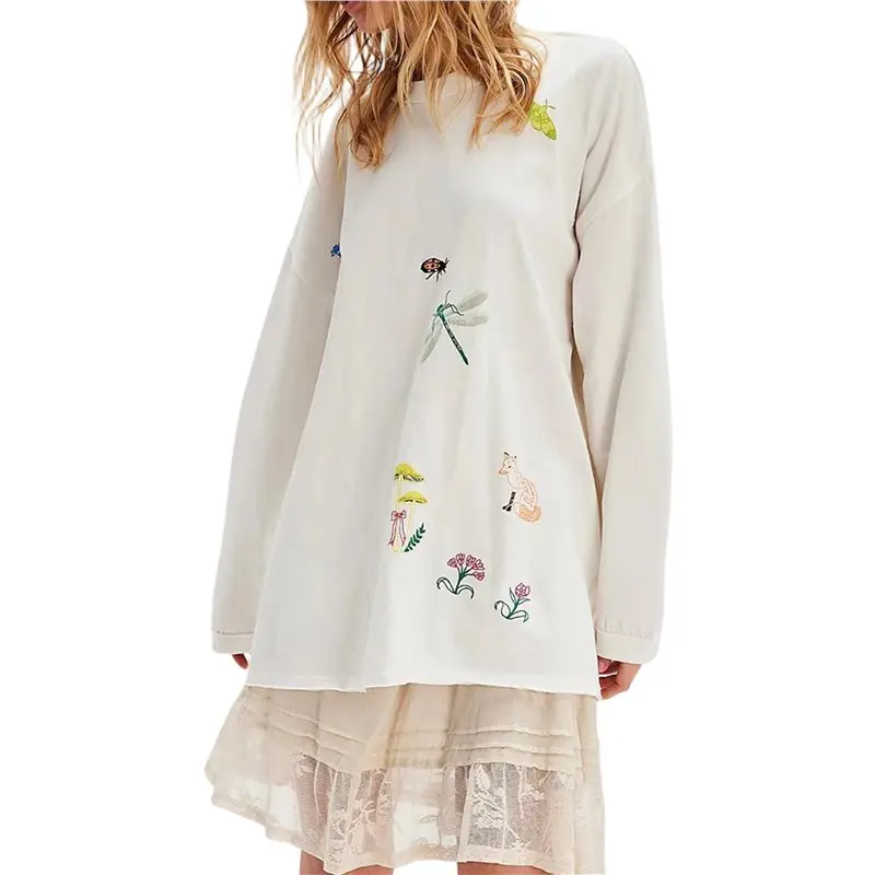 

CYL-Women Oversized Long Sleeve Graphic Y2K Embroidered Crewneck Baggy Sweatshirt Cute Vintage Fall Top Milky White XL