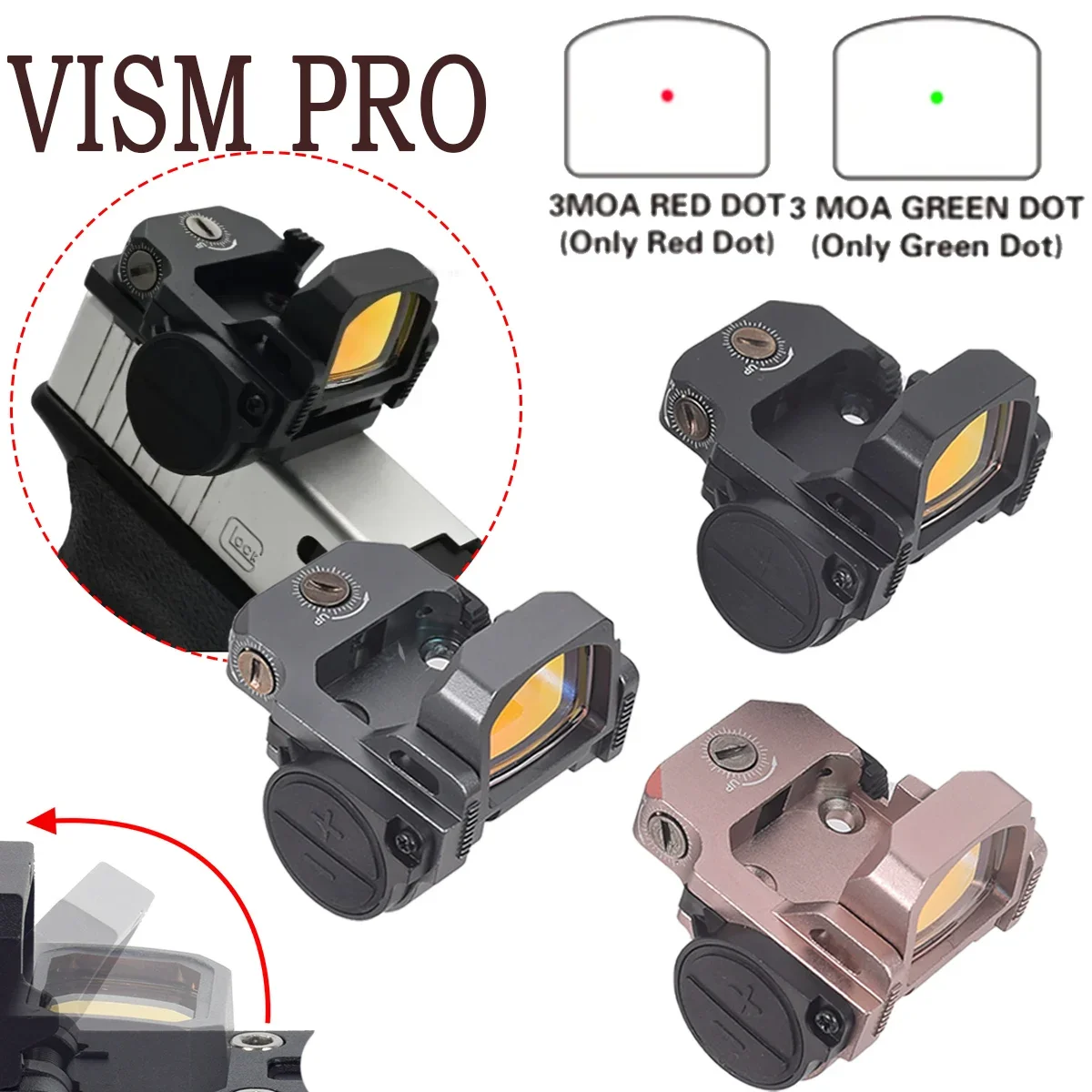 

VISM PRO RMR Flip Up 3 MOA Red Green Dot Sight Scope Reflex Optic With Glock 1913 Mount Base For Pistol Handgun Rifle 20mm Rail