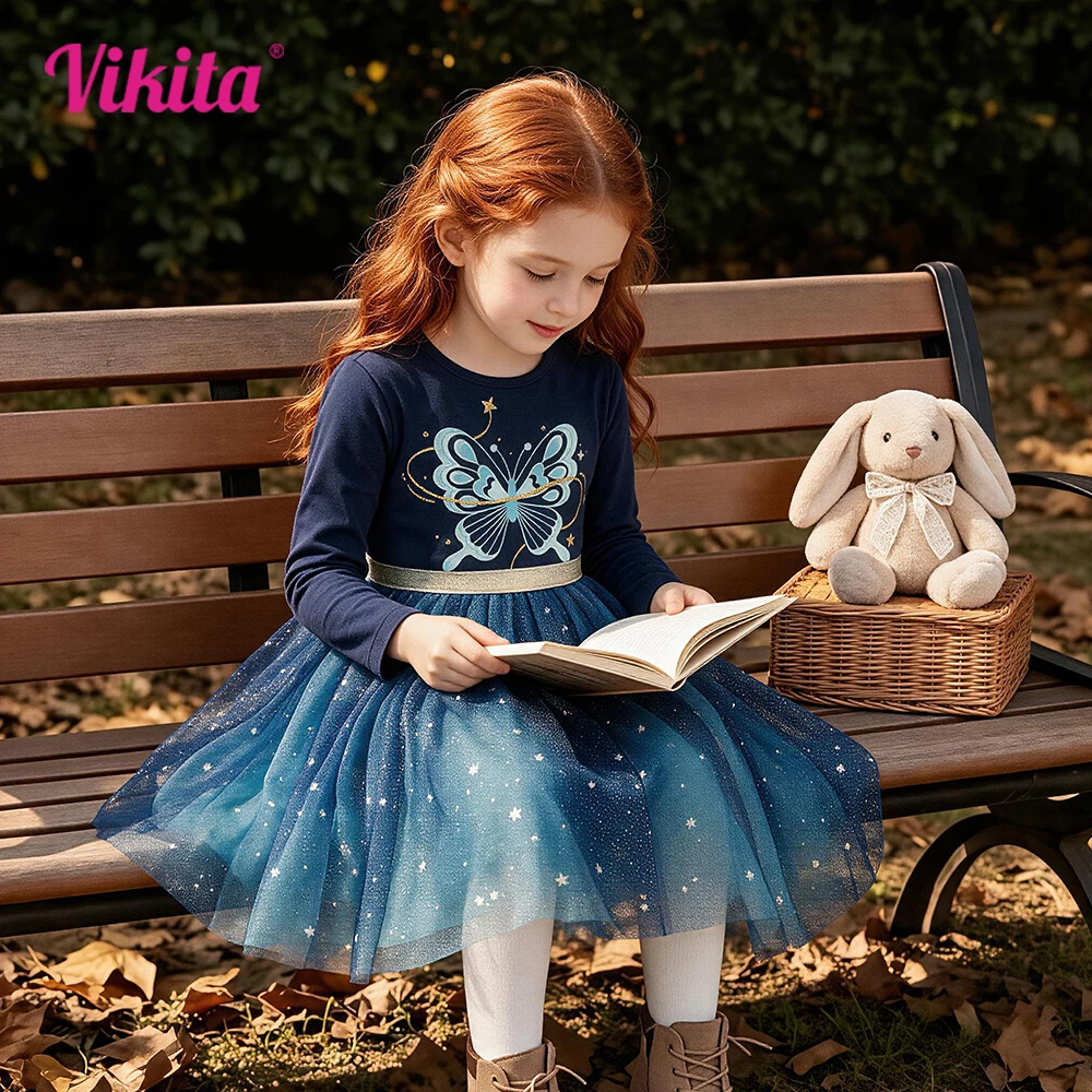 VIKITA Toddlers Long Sleeve Autumn Spring Butterfly Starry Sequins Shiny Glitter Blue Dress Kids Princess Fairy Outfit Dresses