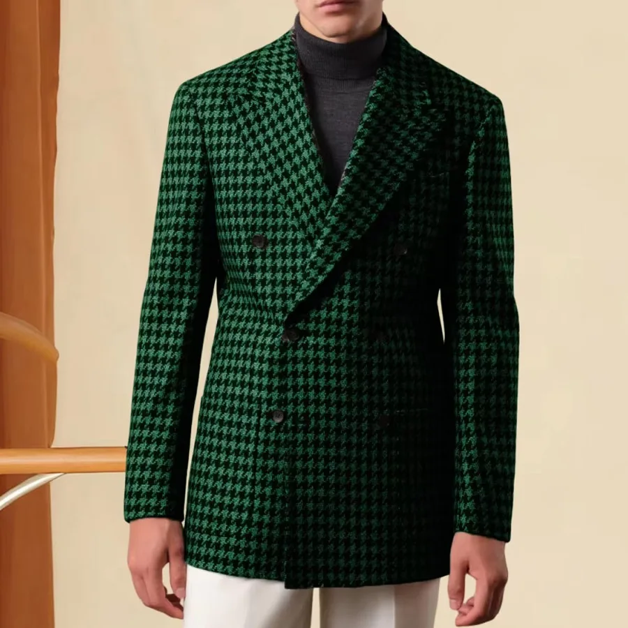 

New Wool Blend Men's Jacket Classic Thousand Bird Italian Style Blazer Casual Fashionable Double Breasted Customized Male Coat