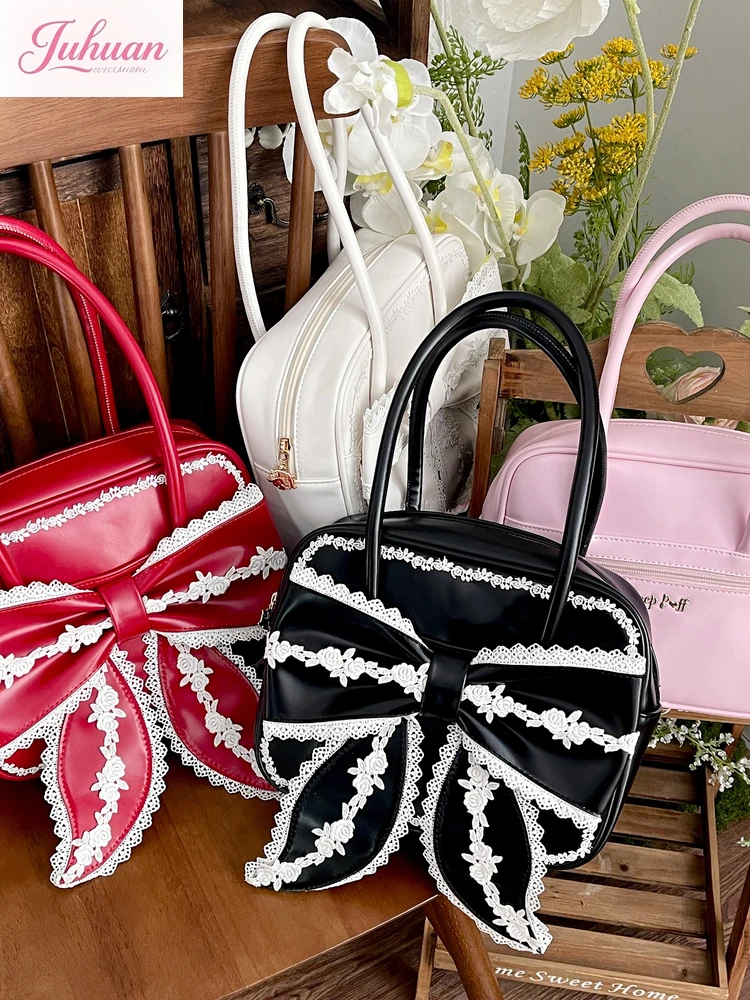 

Kawaii Japanese retro lolita bags lace square handbag women's ancient lo bags sweet cute bow small leather bag ladies