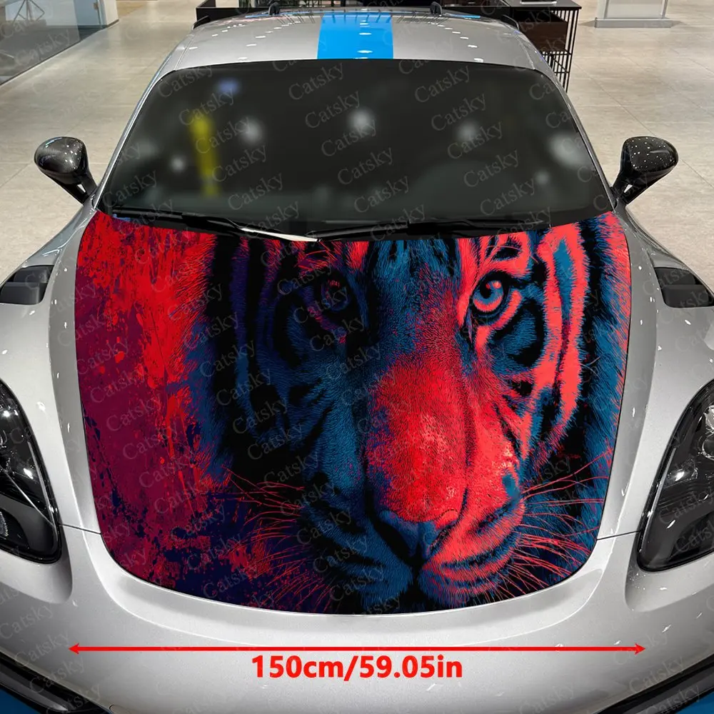 Car Decal Tiger with Red & Black Artistic Fusion in High-Contrast Design, Creating a Bold and Intense Visual Car Hood Sticker, W