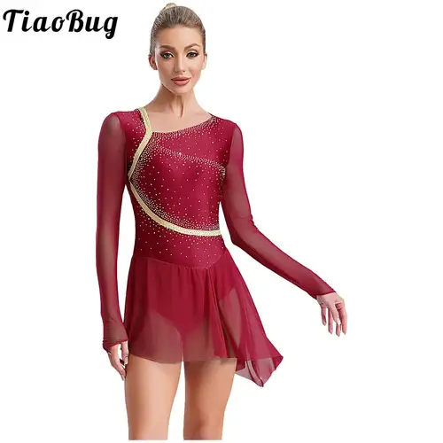Vestido de patinaje artístico de manga larga para mujer, falda tutú de malla transparente con diamantes de imitación brillantes, vestido de leotardo de baile para gimnasia y Ballet, Ropa de baile