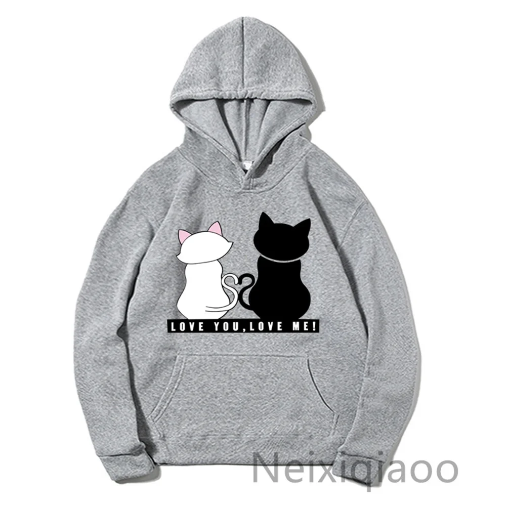 Plus Size Black And White Cat Couple Sweater Print Hoodie Women Men Autumn Winter Fleece Warm Long Sleeve Basic Female Pullover