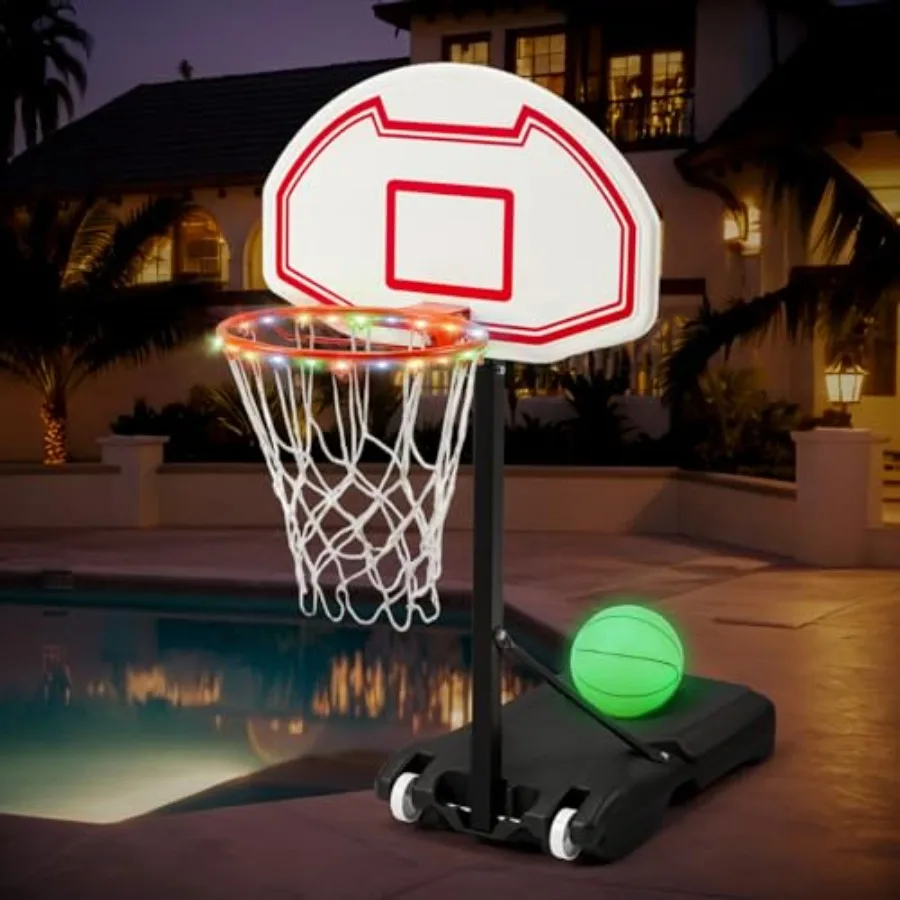 

Swimming Pool Basketball Hoop for poolside use, ABS plastic, red/black, LED height adjustable 3-4.6 ft with 15 light-up rim and