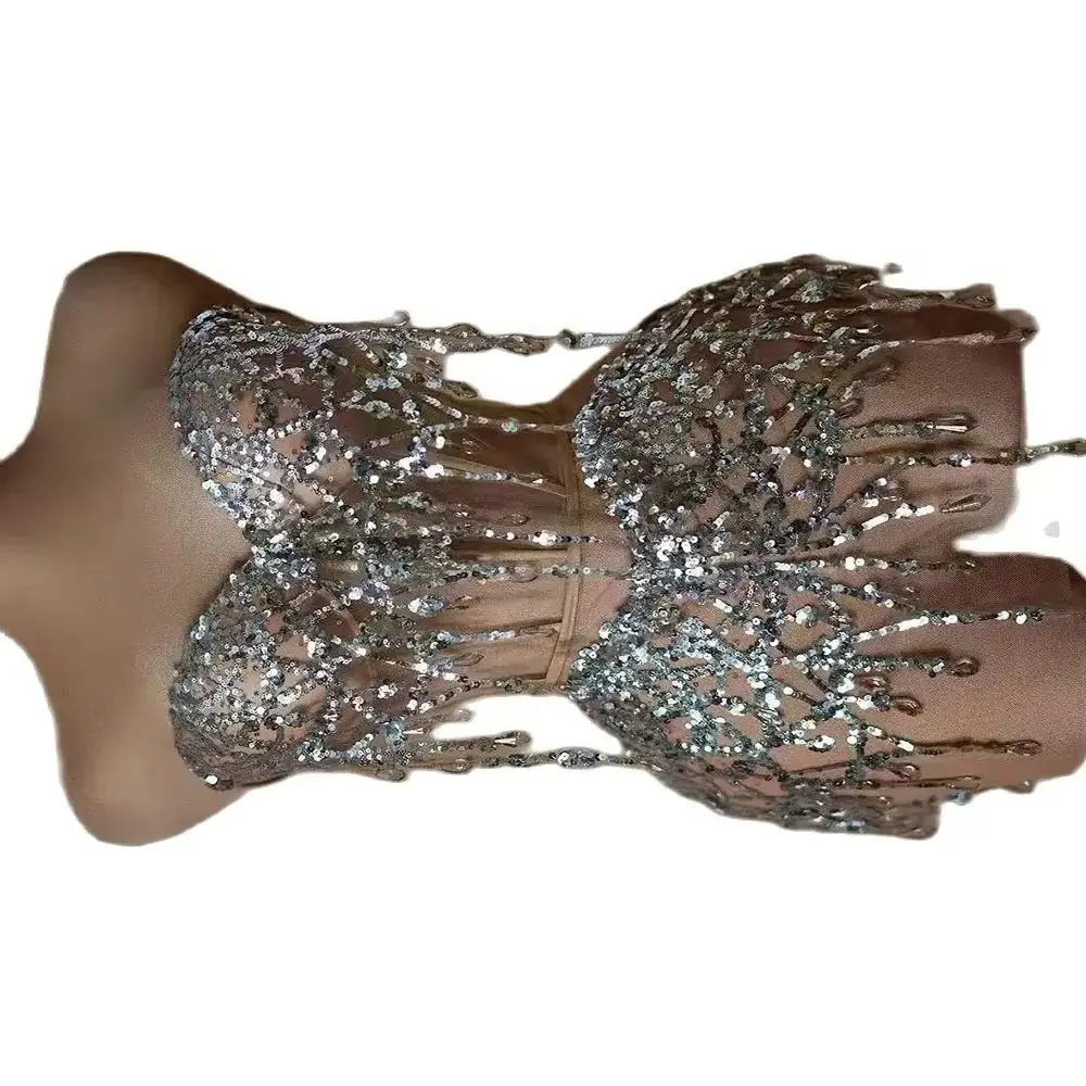 Vestido Sexy transparente para mujer, vestido de fiesta de cumpleaños y noche, ropa de espectáculo de cantante, vestido corto de verano con lentejuelas plateadas brillantes y cristales