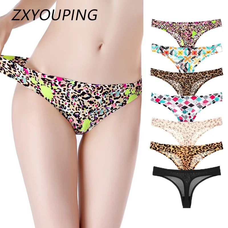 

3Pcs Plus size Ice Silk Woman's Thongs Leopard Underwear Panties Female Seamless T-back Soft Print Foral Thong Women