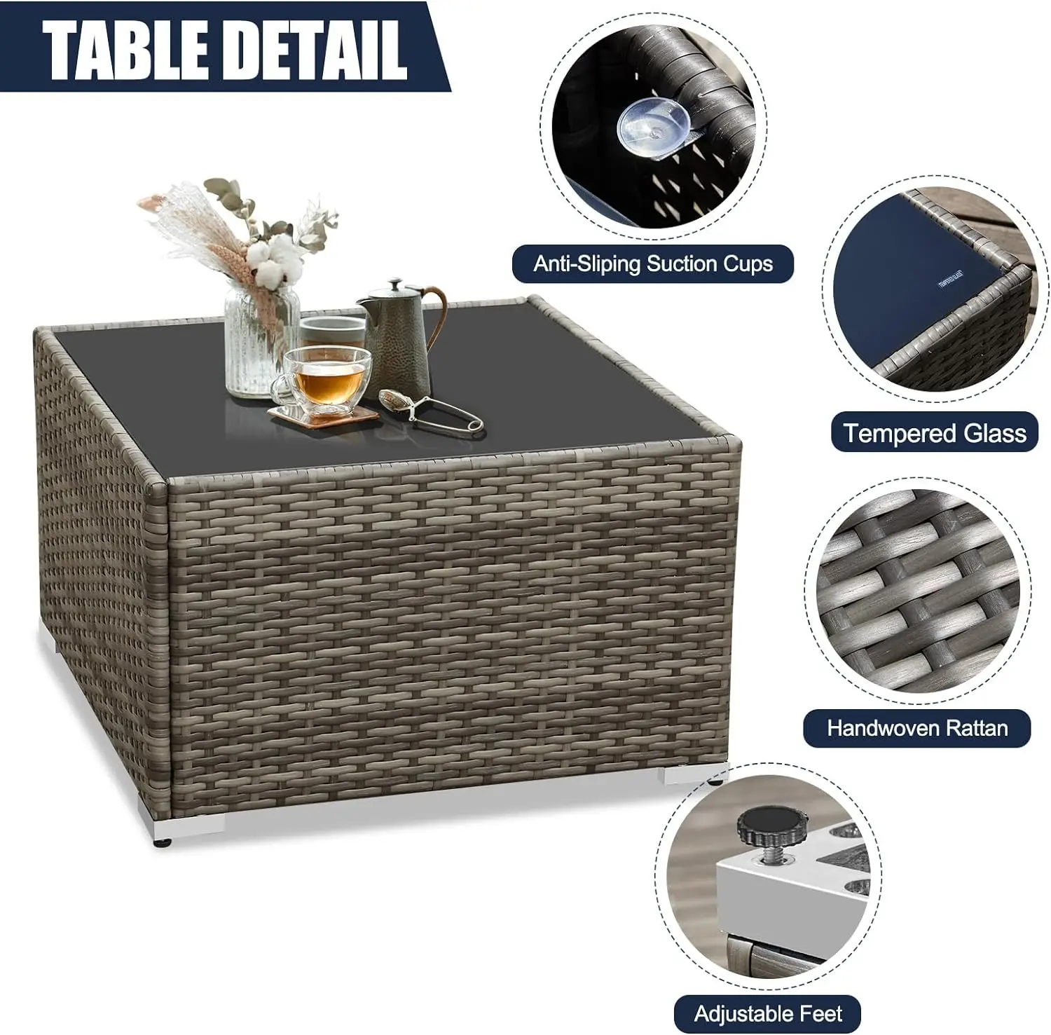 7 Stuks Terrasmeubelset Rotan Rieten Bank Buiten Conversatiesets Met Tafel En Voetenbankjes Voor Tuin, Zwembad, Achtertuin