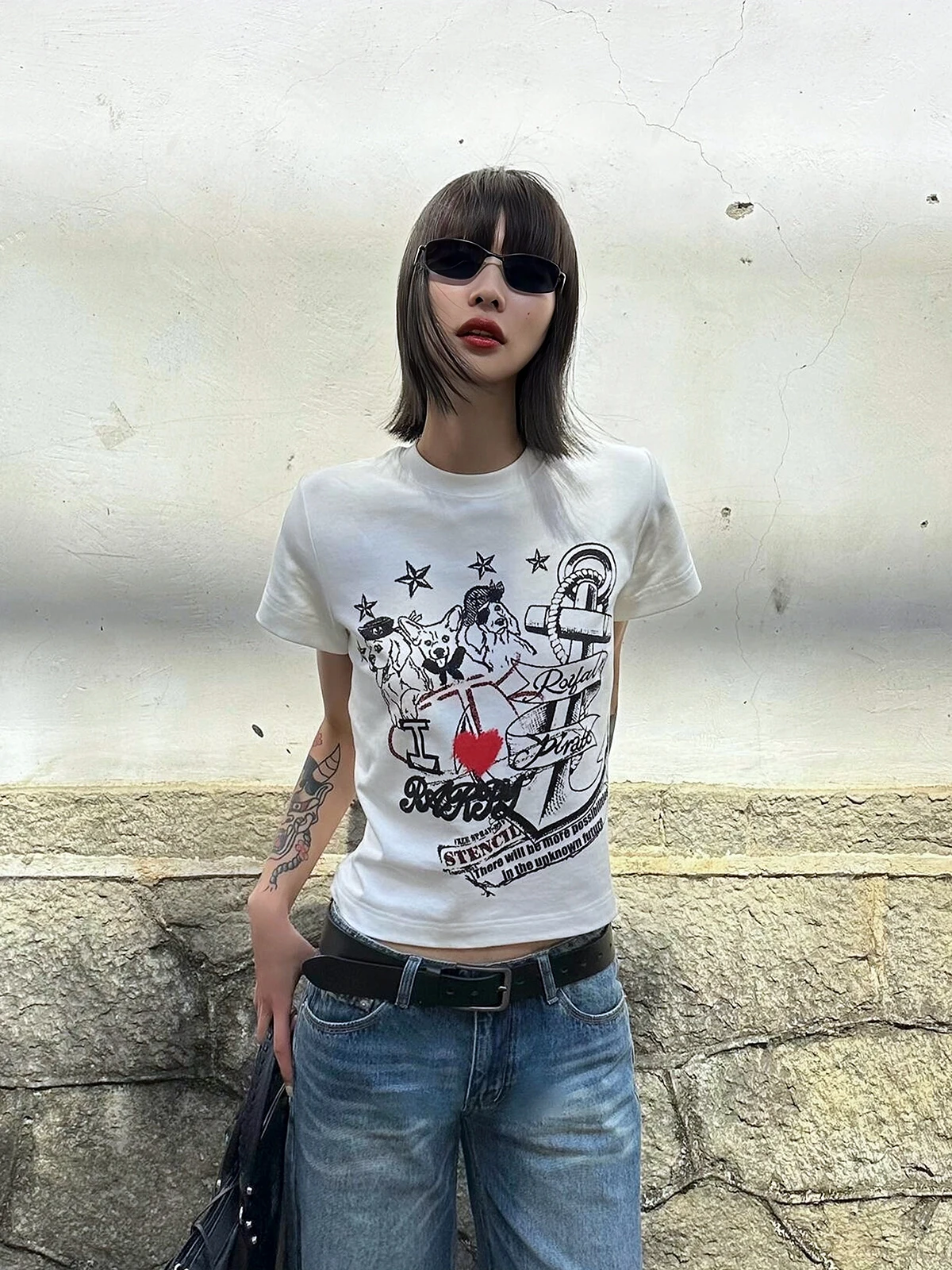 Slimming Casual Short Sleeve round Neck Pirate Dog Print T-Shirt Women's Fashionable Versatile Summer Top Sakura Maud