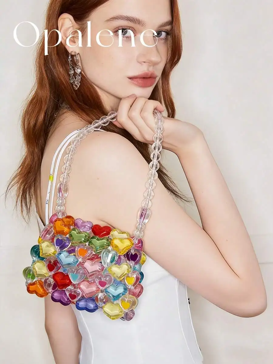 

Mini Heart Shape Beaded Crossbody Bag For Women Colorful Fashion Shoulder Bag