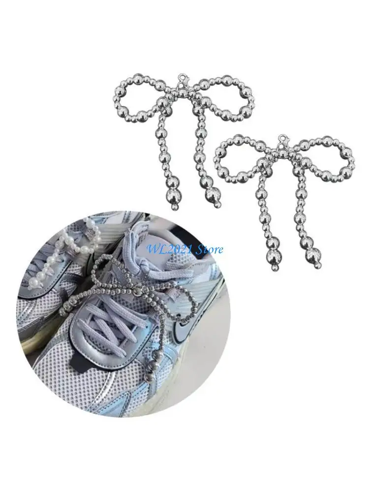 

G5GC Sparkling Pearls Bowknot Shoe Adornments Delicate Beaded Fringes Shoe Accessory