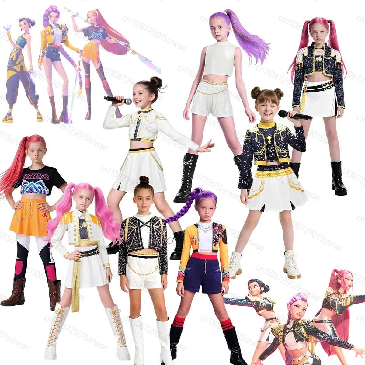 

Kids Mira Rumi Zoey Stage Outfits Cosplay K-Pop Demon Hunters 3D Print Black Golden Cosplay Suit Costume Halloween Carniva Suit