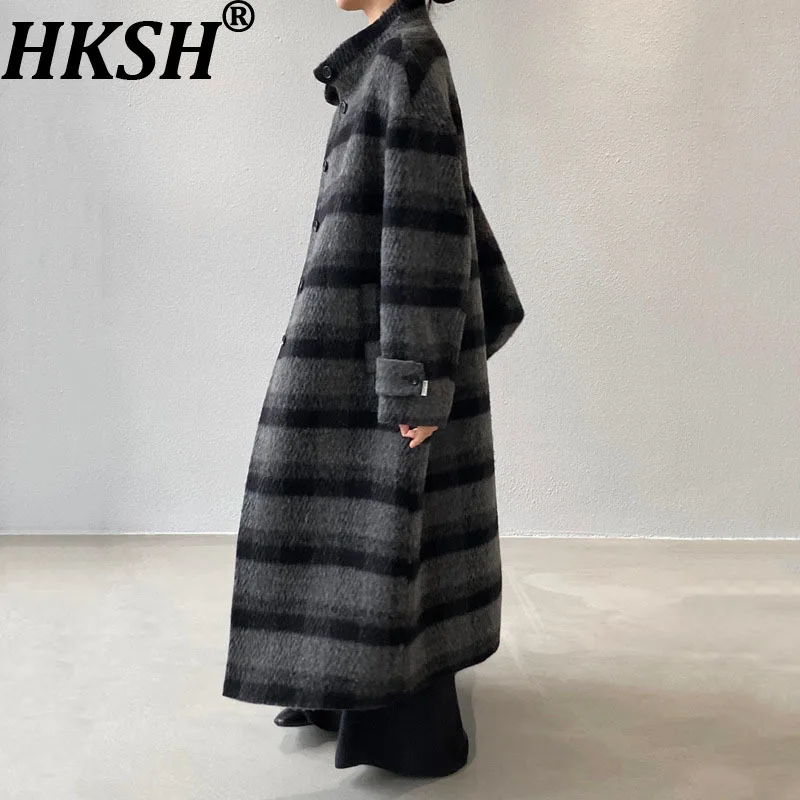 

HKSH осень-зима новое женское длинное шерстяное пальто в клетку с воротником-стойкой однобортное высококачественное шикарное толстое пальто с сумкой HK14760