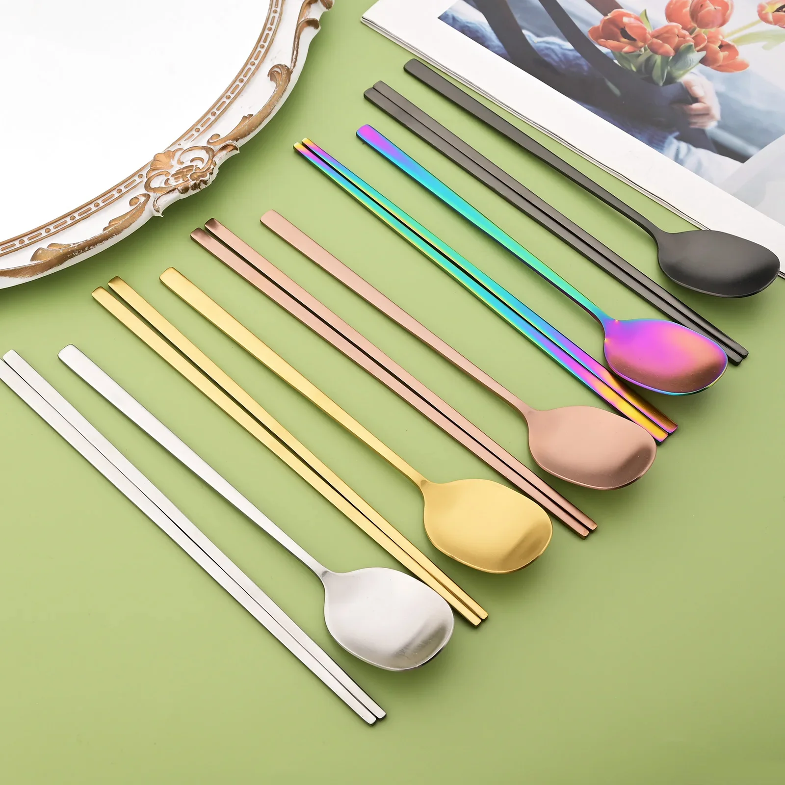 2 قطعة ماتي قوس قزح أواني الطعام مجموعة الكورية عشاء ملعقة عيدان أطباق الفولاذ المقاوم للصدأ أدوات المائدة المحمولة أدوات المائدة المطبخ مجموعة #2