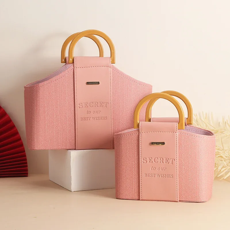 

PU Leather Basket With Handheld Candy Box Wedding Bridesmaid Makeup Bag Birthday New Year Christmas Holiday Present Packaging