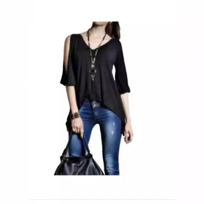 

One-line Collar, Long Sleeves, Solid Color, Off-the-shoulder, Spliced Pull-up Sleeve Shirt, Women's Top