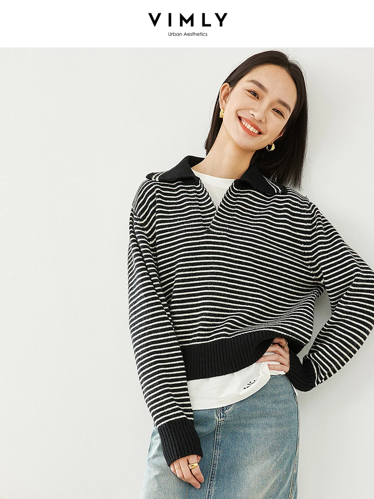 Vimly Lapel Contrast Striped Women Sweater 2023 Winter Thick Warm Knitted Pullovers High Strecth Female Jumpers Knitwear 72652