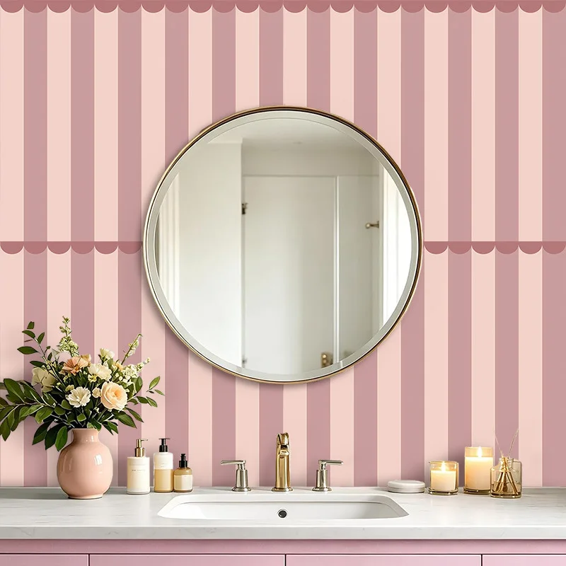 Ins Scalloped Striped Self Adhesive Wallpaper Dusty Pink Peel and Stick Removable Contact Paper for Nursery Bedroom Wall Decor
