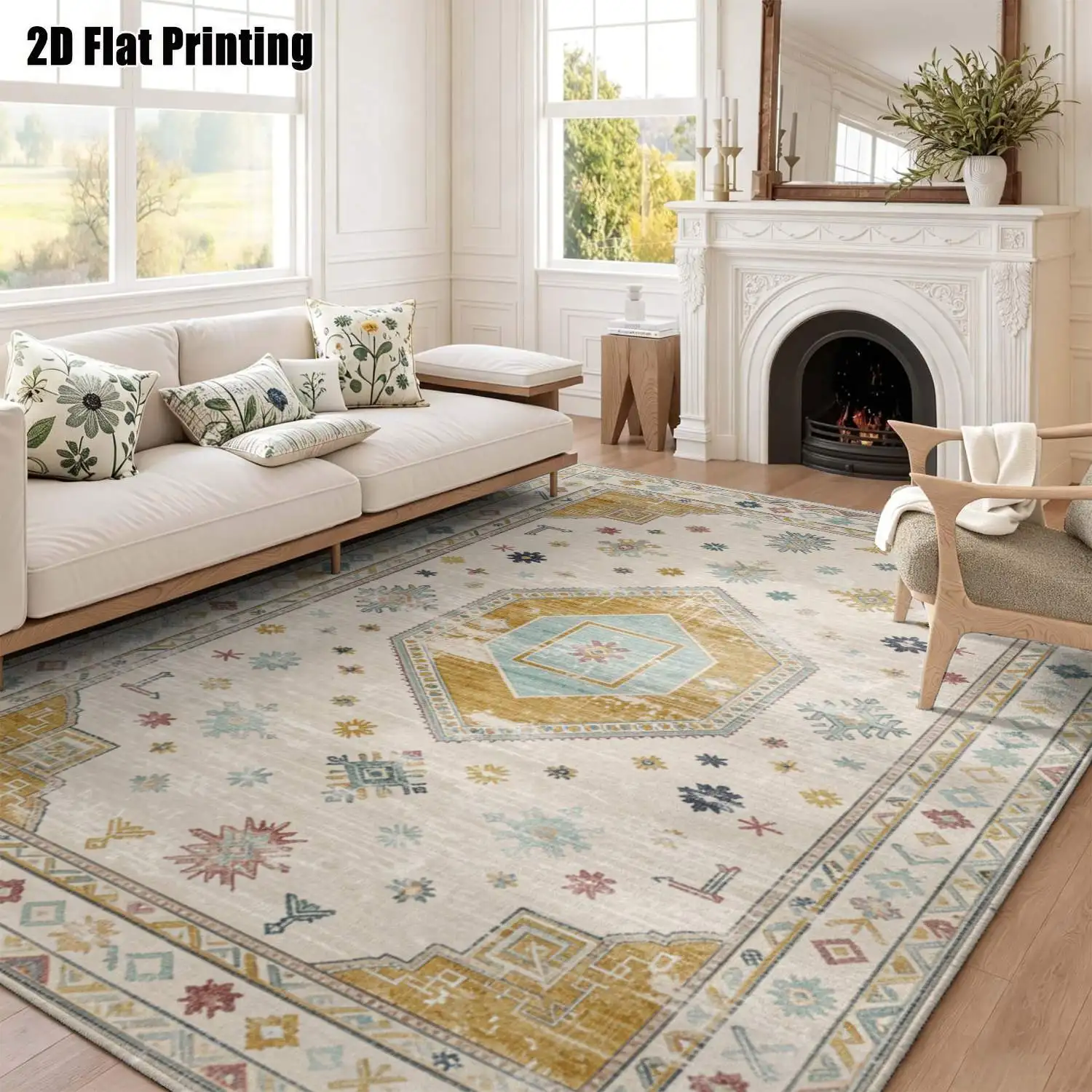 1Pc 2D Printed Carpet: Blue-Grey Retro Geometric Nordic Minimalist Design, Home Decor, Multi-Size, Machine Washable, Multi-Scene Use