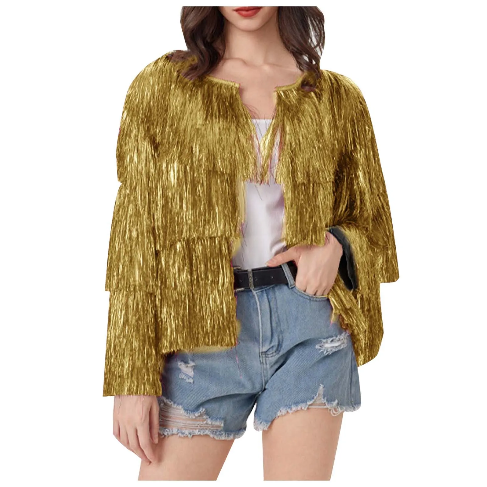 Retro jacket Women Coat Temperament Club Coat Long Sleeve Trendy Fashion Sequins Tassel Jacket festival open front carnival