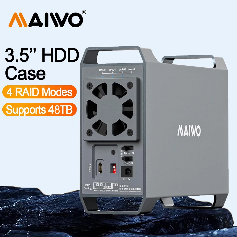 

MAIWO 3.5-inch Disk Array Hard Drive Box, Dual Bay RAID Array Box, SATA To USB 3.0 Disk External Box, Four RAID Modes with Fan