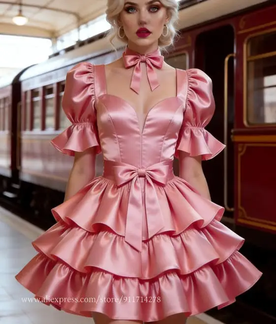 Kurzes Ballkleid mit Rüschen, Puffärmel, Mini-Cosplay-Party-Kostüm, maßgeschneidertes Heimkehr-Geburtstags-Abendkleid für besondere Anlässe