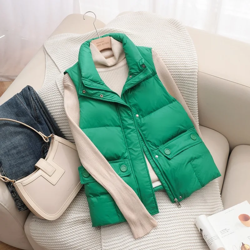 Spring Autumn Women Sleeveless Waistcoat Jacket Ultra Light White Duck Down Vest Female Korean Style Short Vest Outerwear