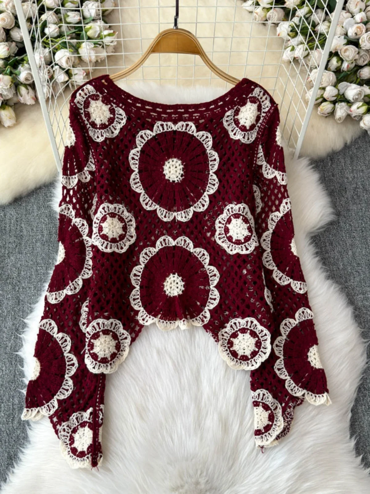 

n Vintage Casual Versatile Long Sve Knitted Top Loose Hollow out Lace Trim Open irt Korean Sle Commute Faion