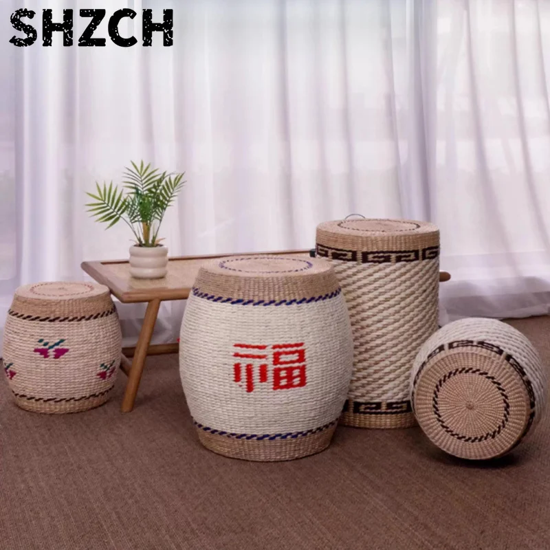 Round Floor Seat for Living Room Entryway Drum Stool Ottoman Natural Fiber Changing Shoe Stools Woven Straw Tea Table Stool