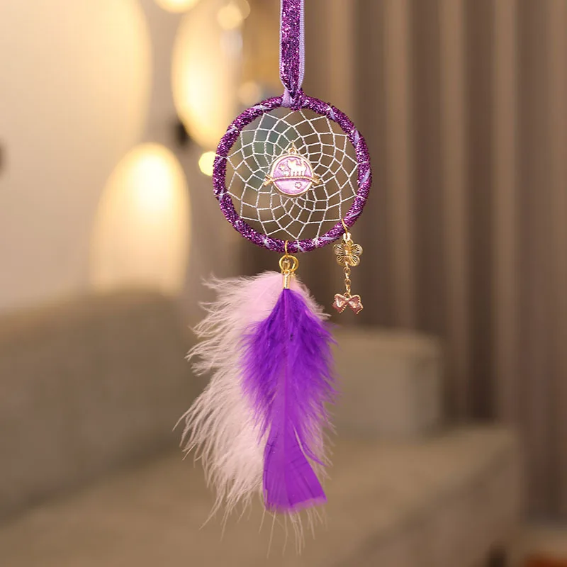 

Purple feather dream catcher. Creative interior accessories Rear view mirror hangings Bedside hangings Feather room decorations