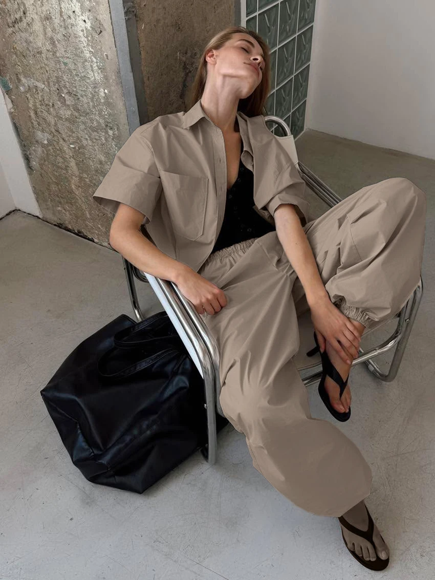 Marthaqiqi Cotton Ladies Sleepwear Set Half Sleeve Nightgowns Turn-Down Collar Nightwear Pants Casual Female Pajama 2 Piece Suit