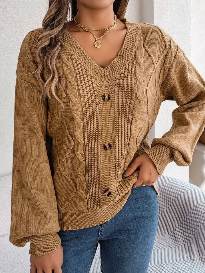 Solid V-neck button Fried Dough Twists lantern sleeve pullover sweater