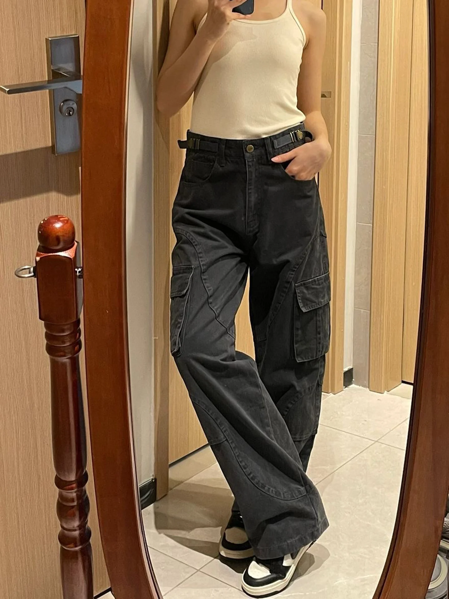 

American Retro Black Workwear Casual Pants Women Summer New High Street Spicy Multi Pocket Straight Loose Wide Leg Pants