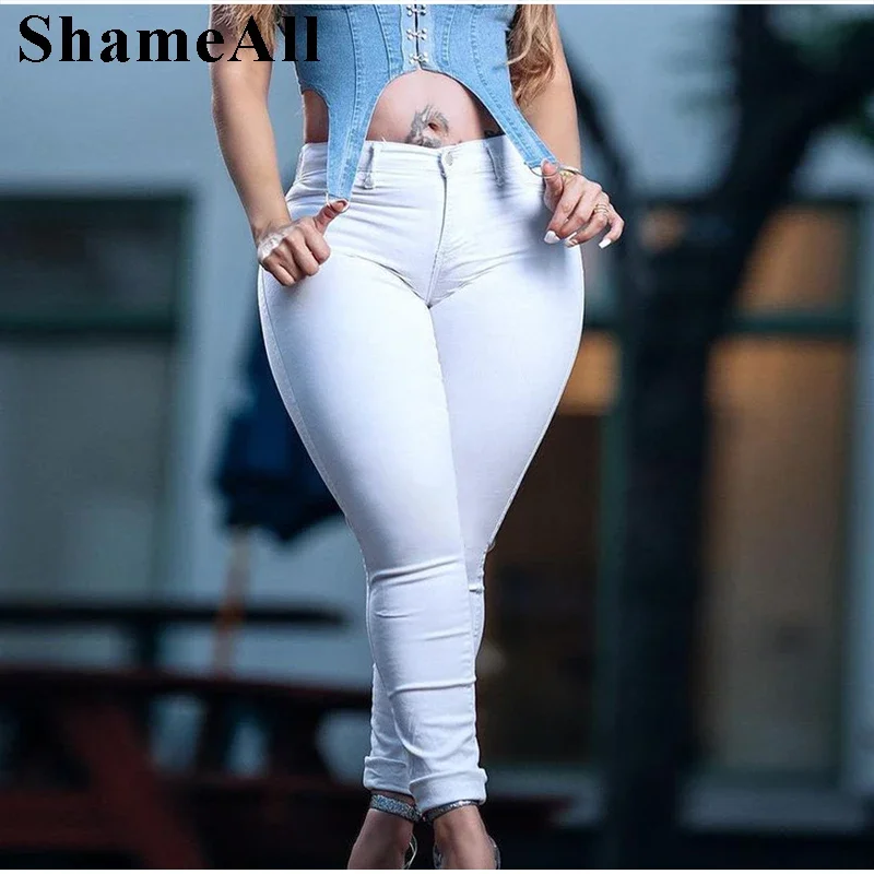 Plus size cintura alta sexy magro branco básico jeans casuais 4xl bodycon magro em linha reta lápis calças jeans senhora indie pantalon