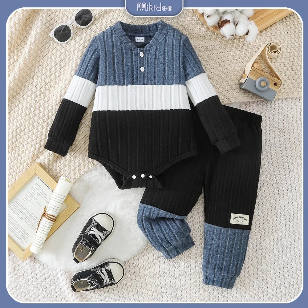 0-2Y Fashion Men's Baby Autumn Set Color blocked Striped Knitted Long sleeved Ha Yi+Spliced Pants2PCS Set Baby Casual Clothing