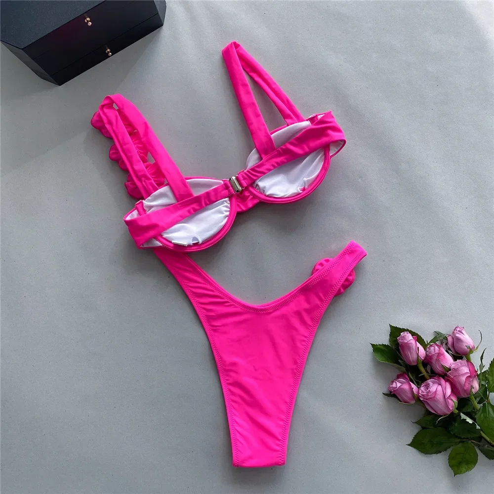 Sexy Flower Shiny Purple Swimwear Women Push Up Bikinis Set Underwired Swimsuit High Cut Bathing Suit Bather Thong Bikini 2024