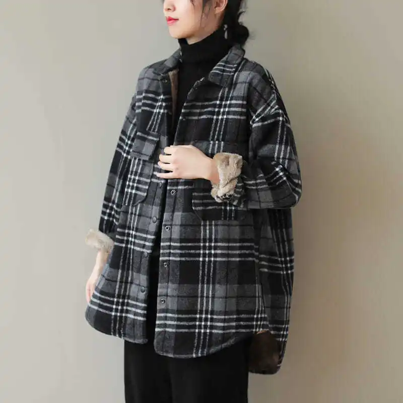 

plus Size Women's Winter irt Korean Sle Loose Artistic Plaid Woolen Coat Lamb Velvet Thiened Ladies' Blouse Outerwear