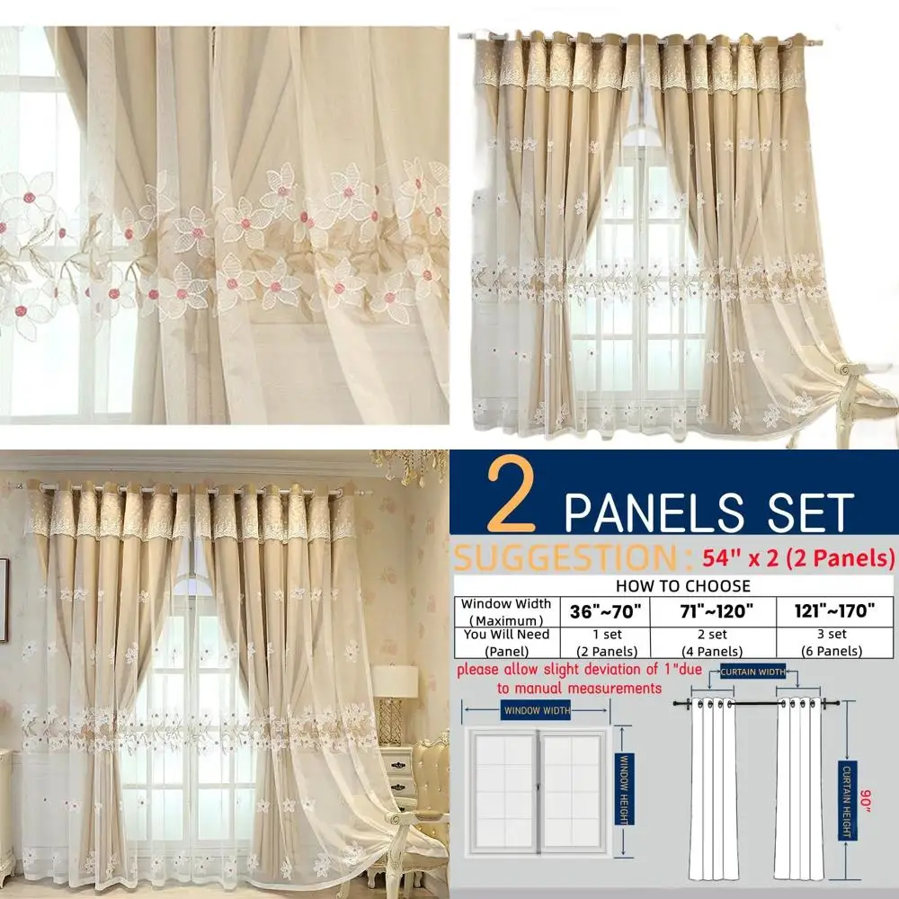 

Elegant Double Layer Embroidered Curtains with Valance for Living Room & Bedroom - Beige, 54x90 Inch