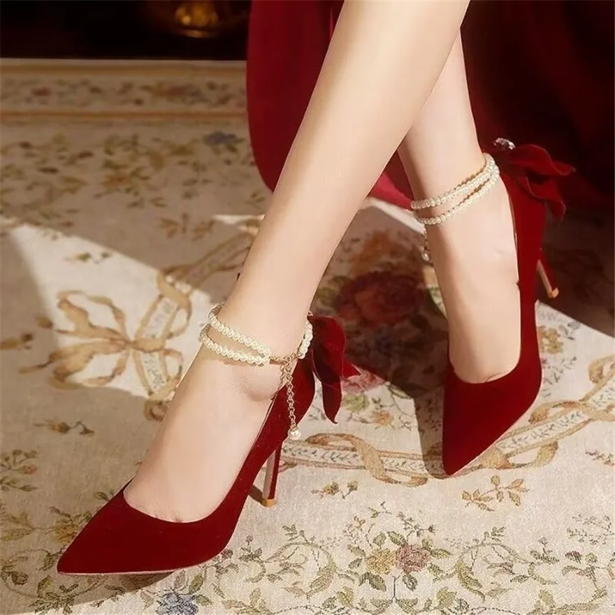 New Autumn Women Sweet Bowknot High Heels Shoes Pointed Toe Stiletto Wedding Sexy Party Pumps Korean Soft Flock Dress Ladies Red