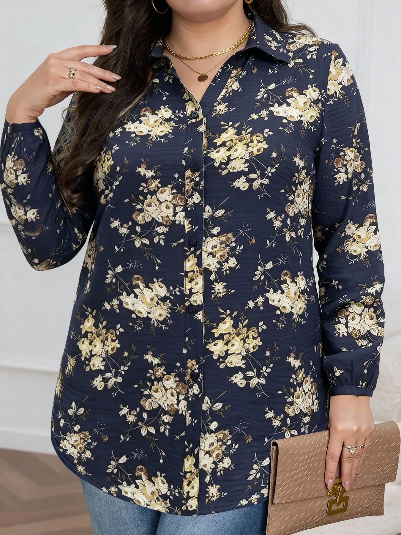 

Женская рубашка больших размеров с цветочным принтом, темно-синяя с желтым, с воротником, длинными рукавами, свободного кроя, для офиса