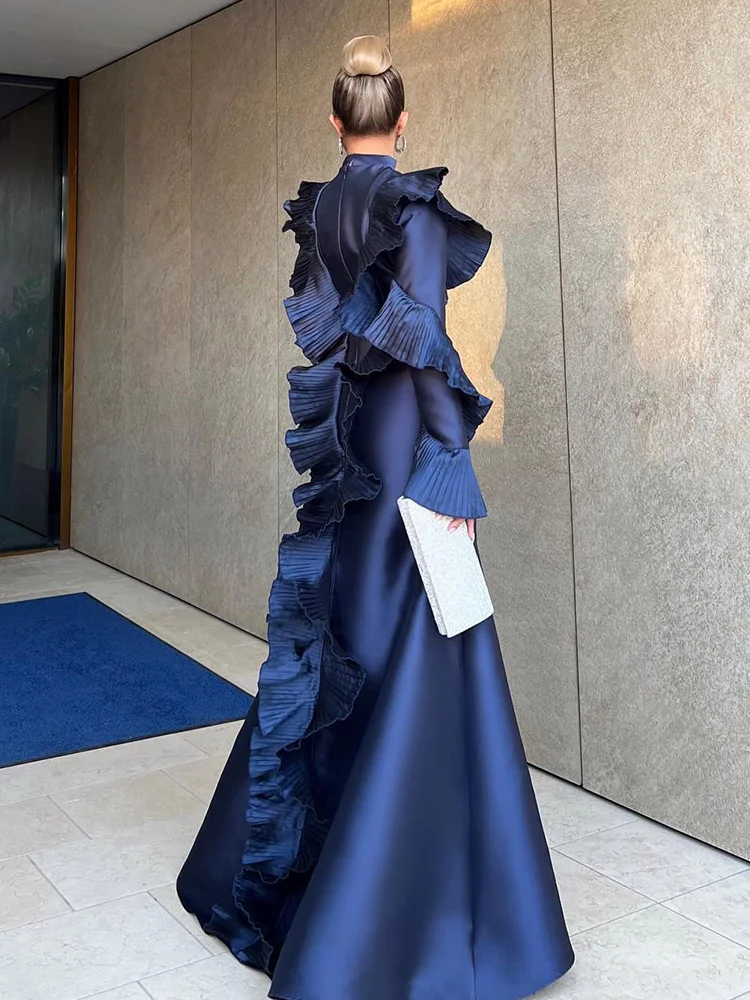 Jirocum Vintage Blue Mermaid Evening Gown Women High Neck Ruffled Long Sleeve Party Prom Dress Formal Occasion Gowns customized